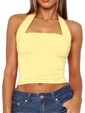 Women Halter Neck Backless Crop Top Sexy Y2K Sleeveless Tank Top Open Back Slim